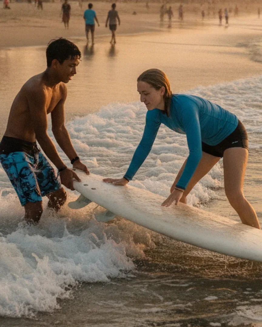 Surf Lessons Bali — surf instructor teaching a beginner in Bali